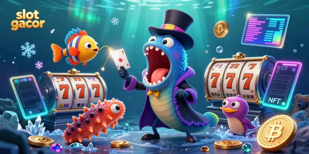 Slot gacor scene featuring a deep-sea gulper eel performing tricks, surrounded by jackpot elements and vibrant coins.