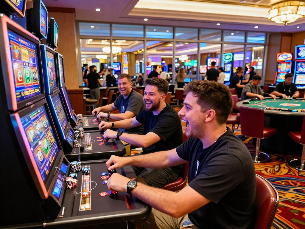 Exciting casino scene showcasing slot jackpot players celebrating wins amidst vibrant gaming atmosphere