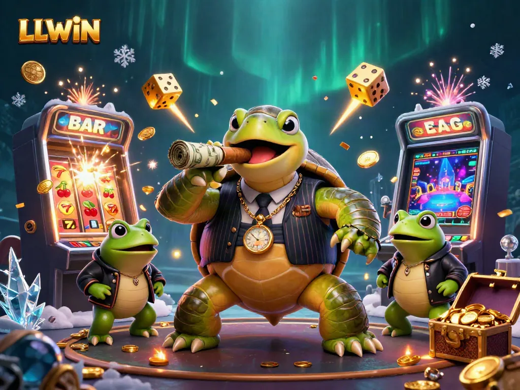 Experience thrilling gameplay with LLWIN's dynamic casino illustration showcasing a 3D snapping turtle surrounded by excitement.