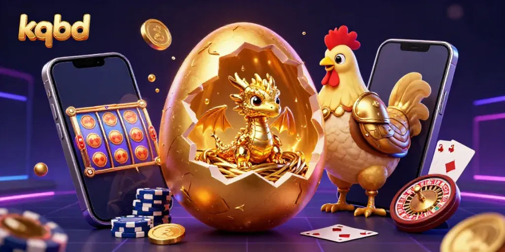 KQBD showcases a vibrant 3D illustration of a golden dragon and poker chips, thriving in a gambling atmosphere.