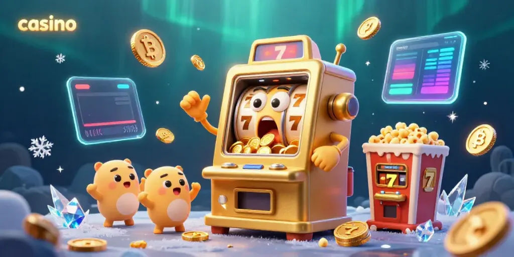 Cheerful cartoon slot machine hitting a jackpot in a vibrant casino scene filled with gold coins.