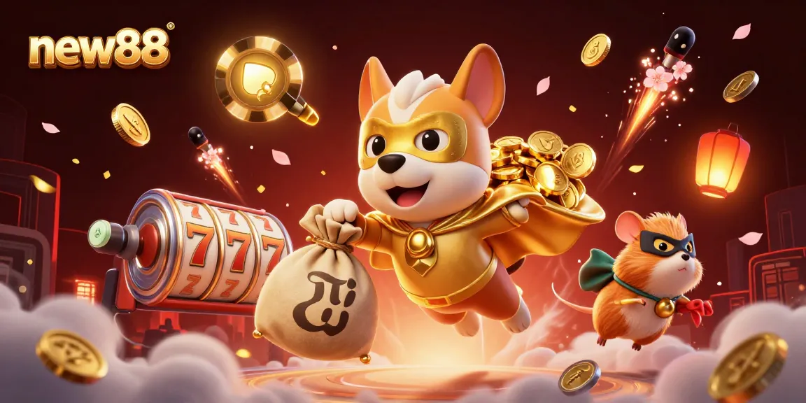 Engage with new88's exciting gaming universe featuring a superhero dog flying with lucky symbols.