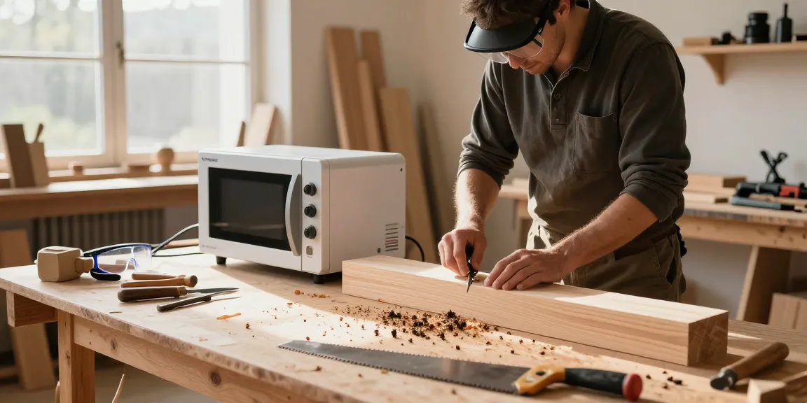 Shashel microwave device eliminating wood-boring insects in a modern woodworking shop.