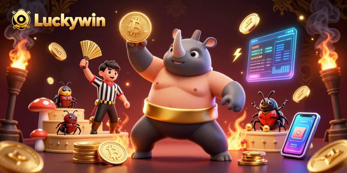 Experience the thrill of Luckywin with a cartoon beetle champion stomping to victory amidst flying gold coins.