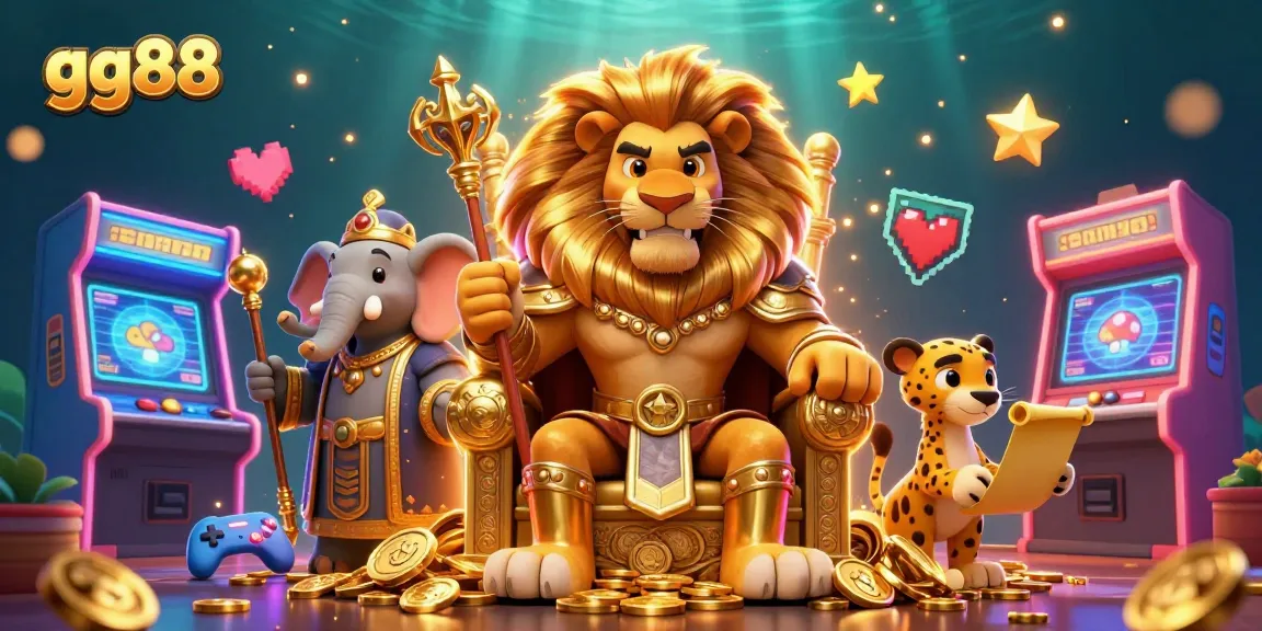 Engage in exciting gaming adventures at gg88 with the lion king, wise elephant, and fast cheetah amidst 3D arcade elements.