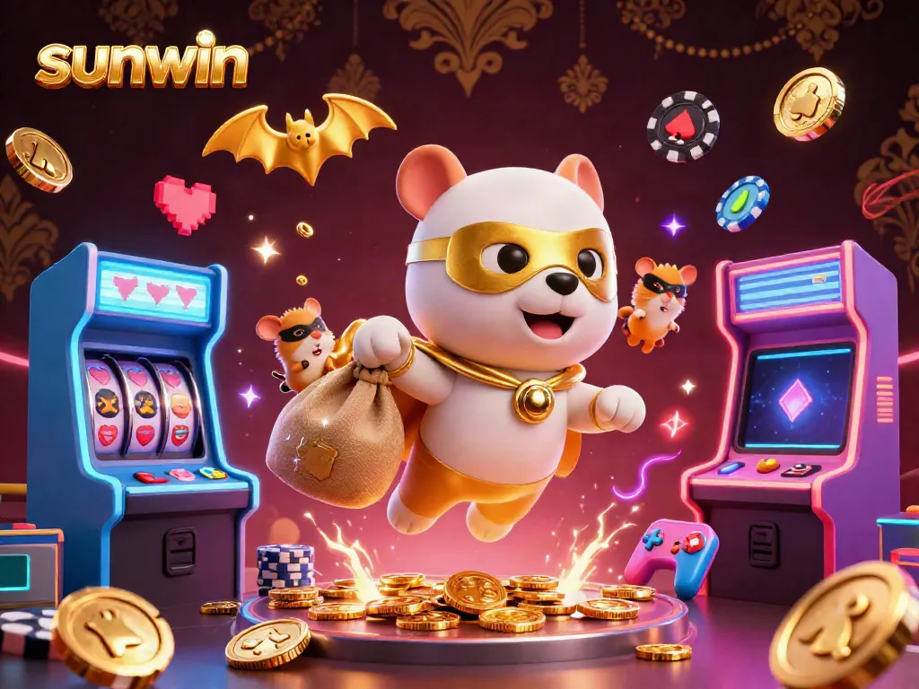 Experience the excitement of sunwin with a superhero dog flying through a vibrant casino world