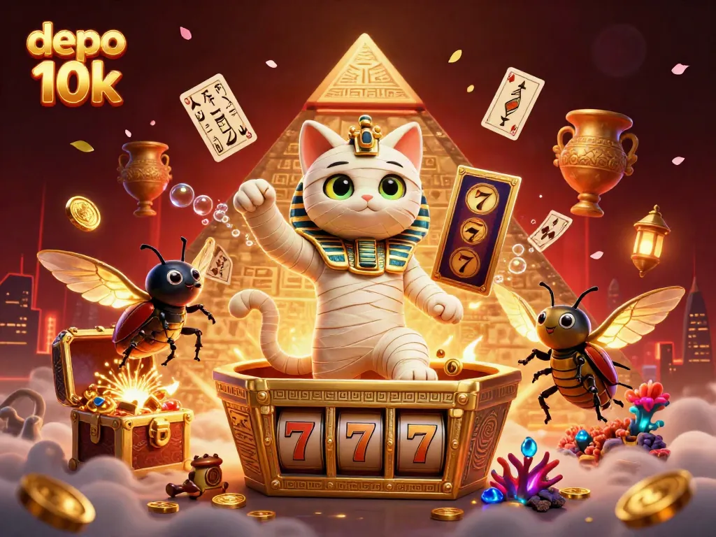 Experience thrilling gameplay at depo 10k with vibrant 3D casino scene featuring a mummy cat.