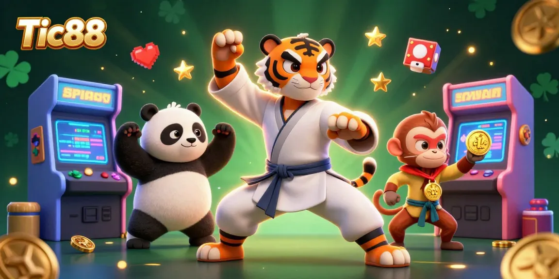 Tic88 brings excitement with a kung fu tiger and panda amidst vibrant arcade and casino elements.