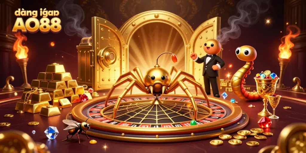 Experience the thrill of đăng nhập AO88 at a vibrant 3D illustrated casino scene filled with golden treasures.