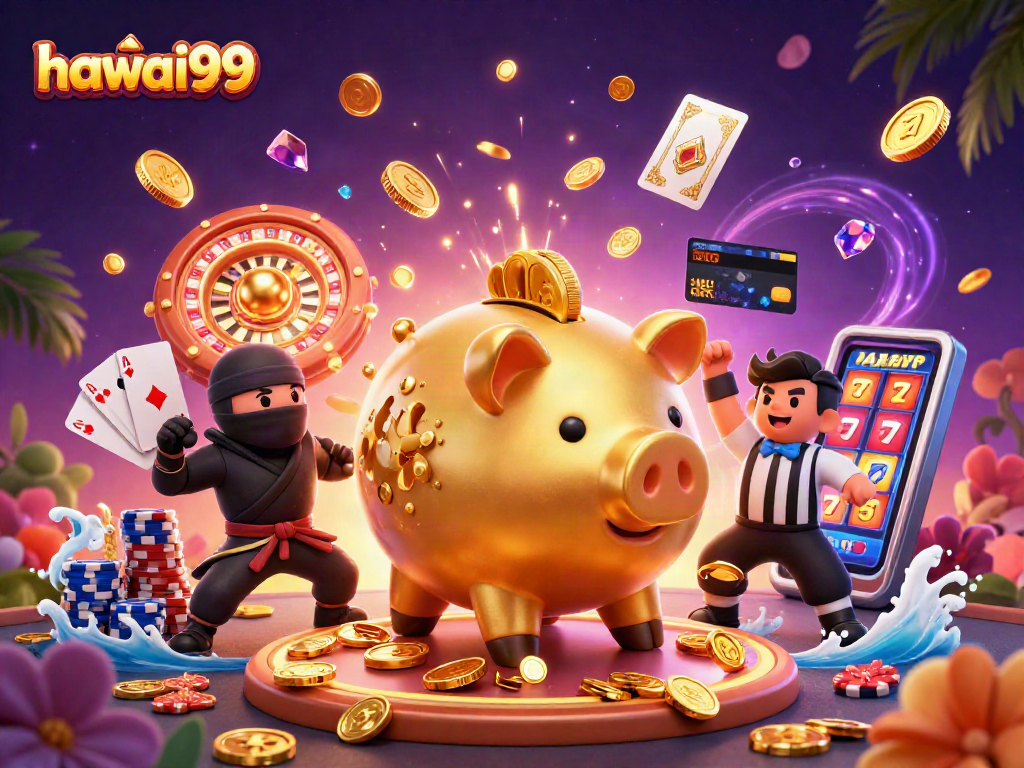 Winning at hawai99 with a golden piggy bank sumo wrestler, coins cascading everywhere!