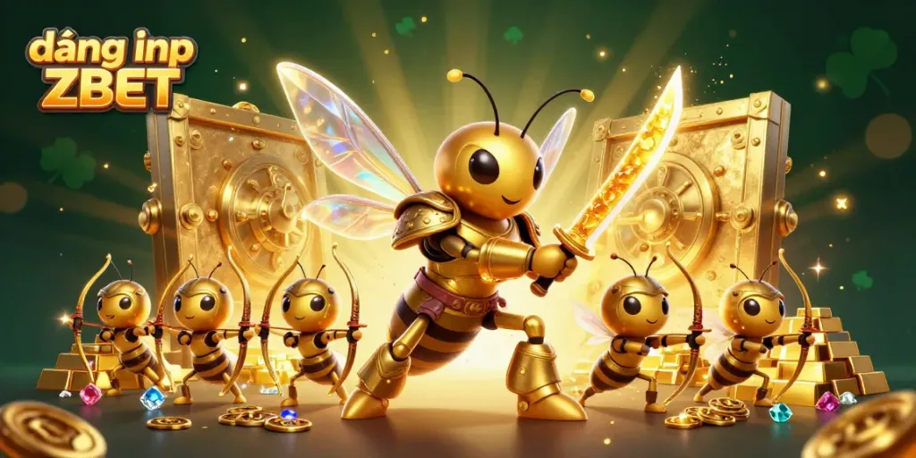 Experience excitement with đăng nhập ZBET, featuring a dynamic illustration of a golden hornet samurai and bee archers amidst treasures.