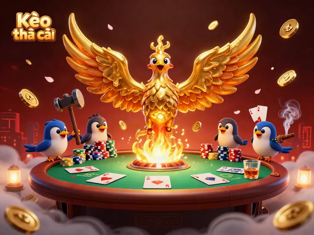 Kèo nhà cái showcases a vibrant 3D scene with a golden phoenix and poker elements, symbolizing dynamic betting.