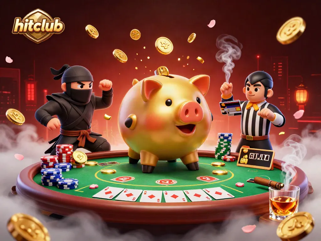 Engage in the excitement of hitclub with a vibrant 3D casino illustration showcasing dynamic characters and playful elements.