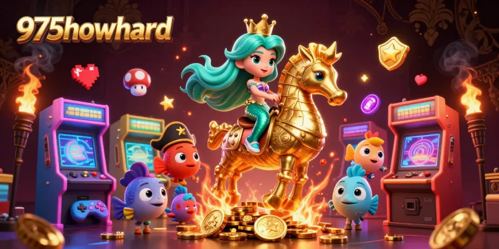 Engage with 975howard's vibrant gaming universe featuring a mermaid, seahorse, and arcade elements.