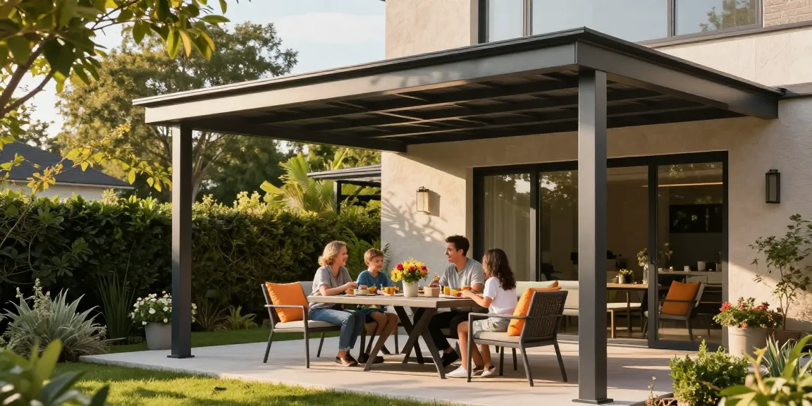 Moderne Terrassenüberdachung auf einer einladenden Terrasse mit Familie bei sonnigem Wetter.
