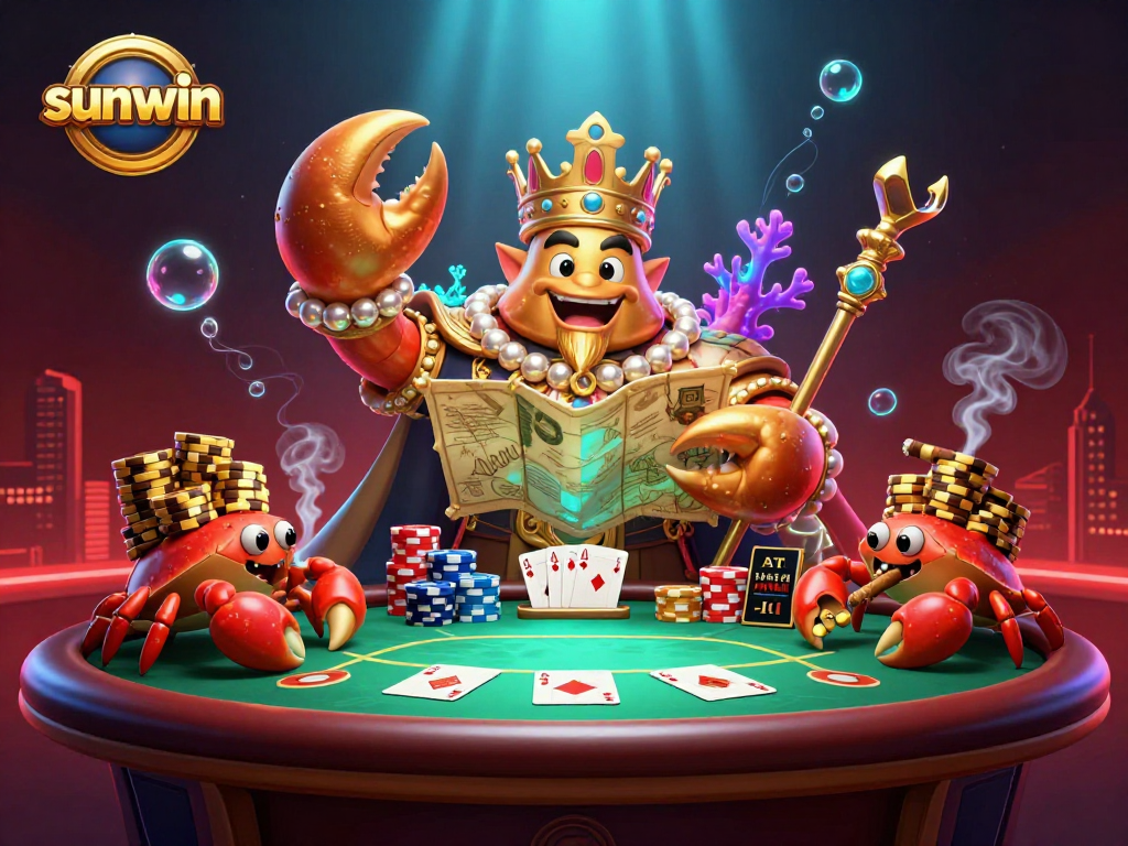 Experience sunwin's vibrant casino scene with a golden crab emperor, poker elements, and rich underwater effects.