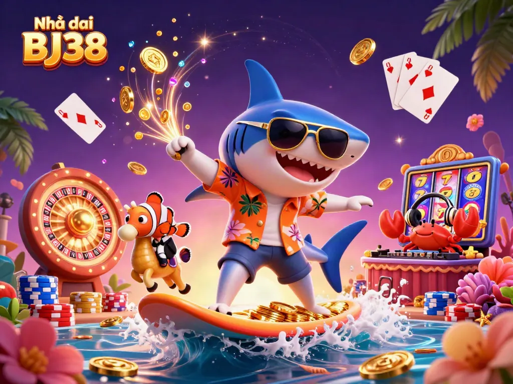 Experience thrilling games at Nhà cái BJ38 with a vibrant scene of cartoon characters and dynamic casino elements.