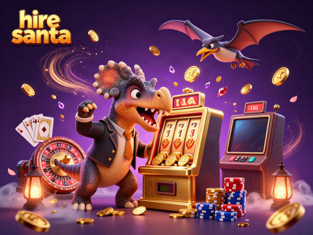 Engaging depiction of hire santa with cartoon dinosaurs at a casino, showcasing jackpot excitement.