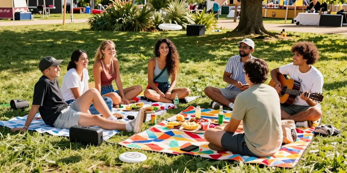 Friends enjoying a sunny day at a festival, embodying Motchill lifestyle, with games and music.