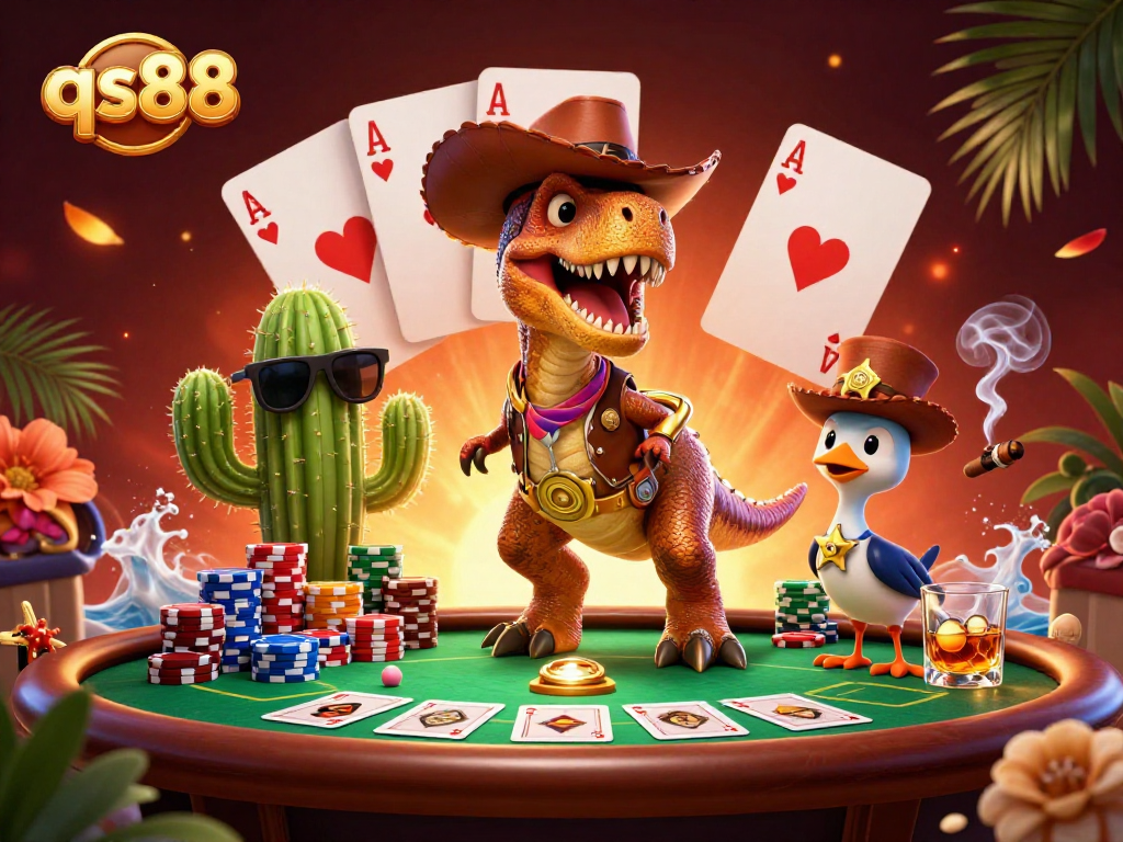 Experience the thrill of qs88 gambling with a T-Rex poker showdown in a vibrant, festive casino scene.