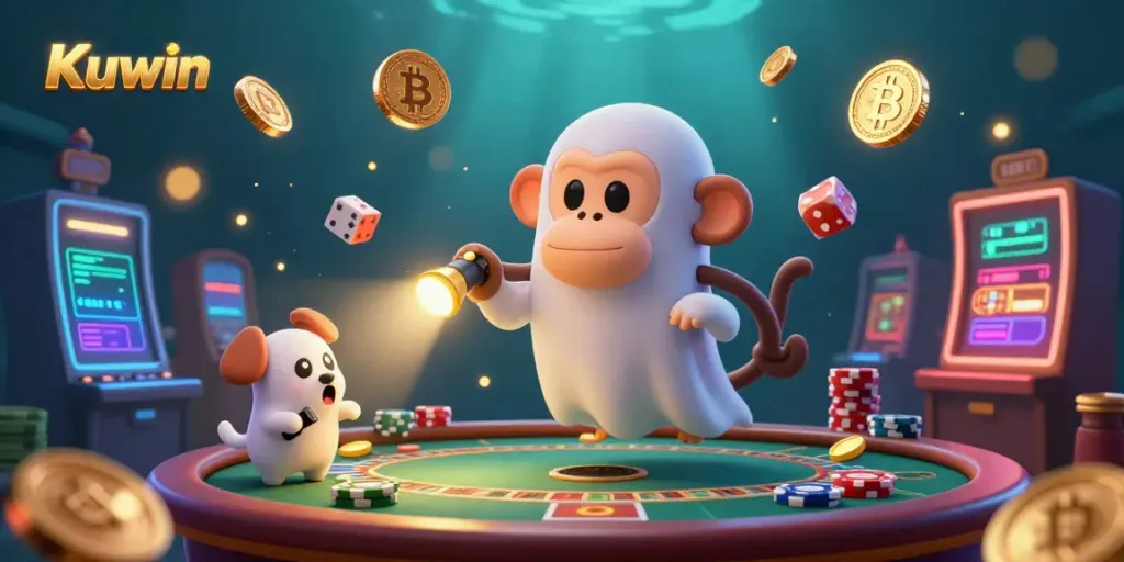 Kuwin interactive casino scene with a poltergeist monkey and ghost-hunter puppy surrounded by virtual currency and game elements.