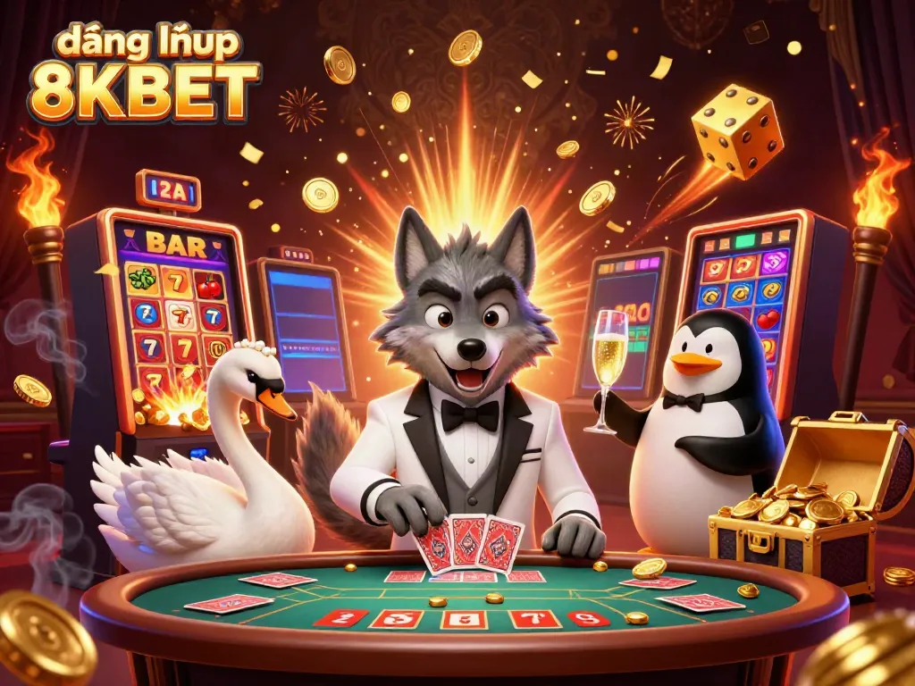 Engage in thrilling gameplay with đăng nhập 8KBET featuring a debonair wolf and elegant characters at a baccarat table.