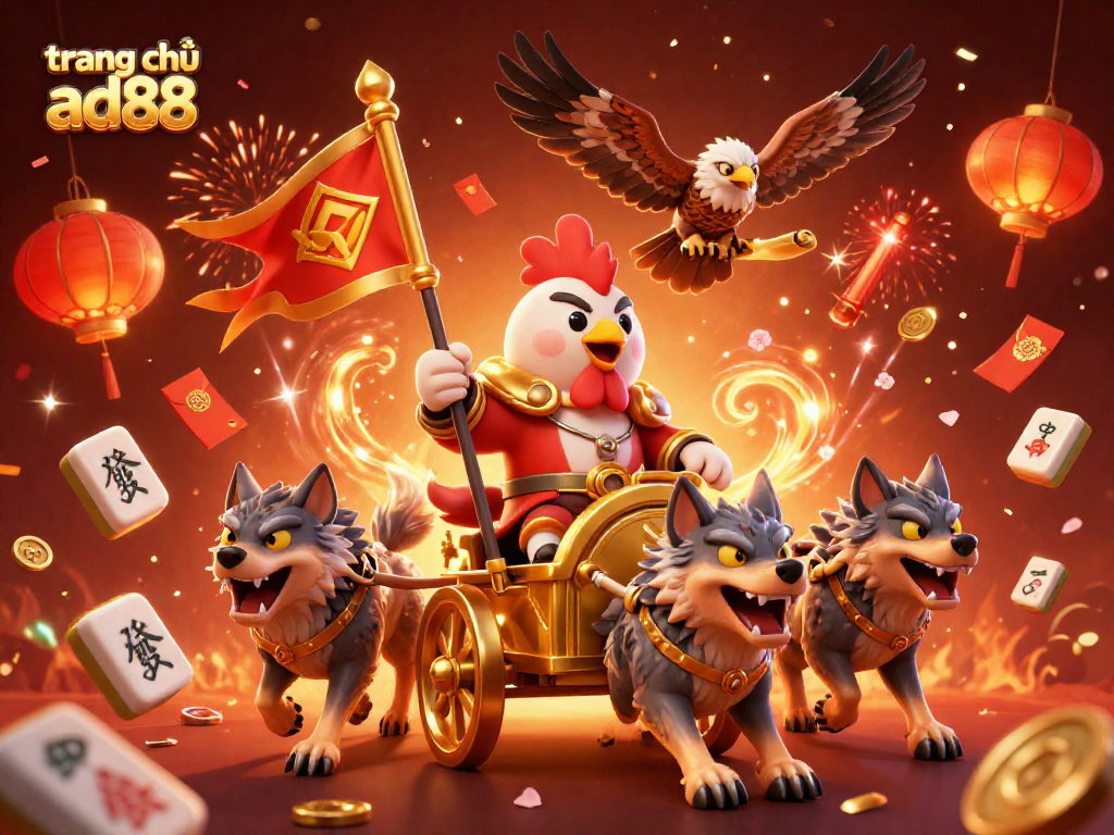 Experience thrilling gameplay at trang chủ ad88 with a dynamic 3D casino scene featuring a rooster warlord and celebratory elements.
