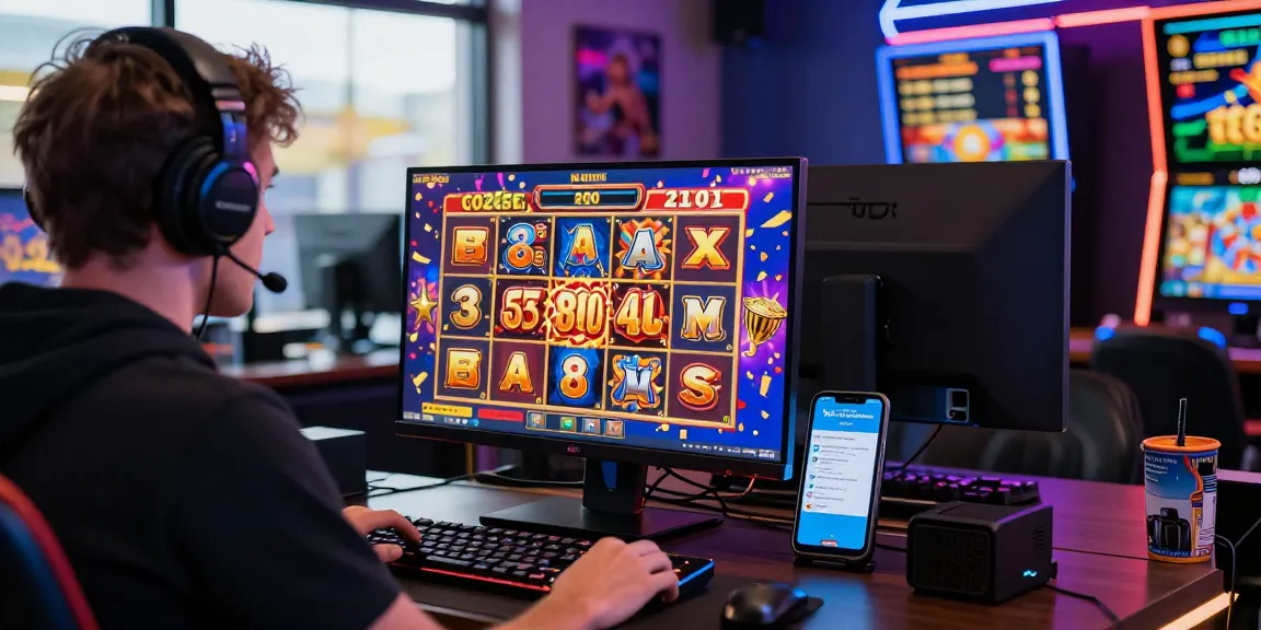 Player enjoying slot88 games on a computer with vibrant graphics and winning symbols in an inviting gaming atmosphere.