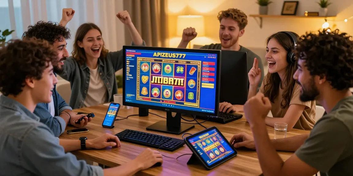 Exciting online gambling scene with friends celebrating a big slot win at APIZEUS777.