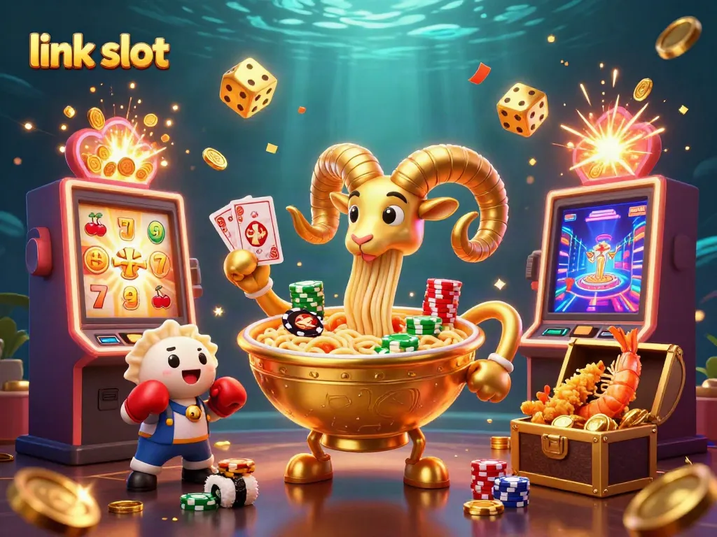 Link slot scene showcasing a golden ramen bowl dealer amidst a vibrant slot machine explosion, engaging gamblers.