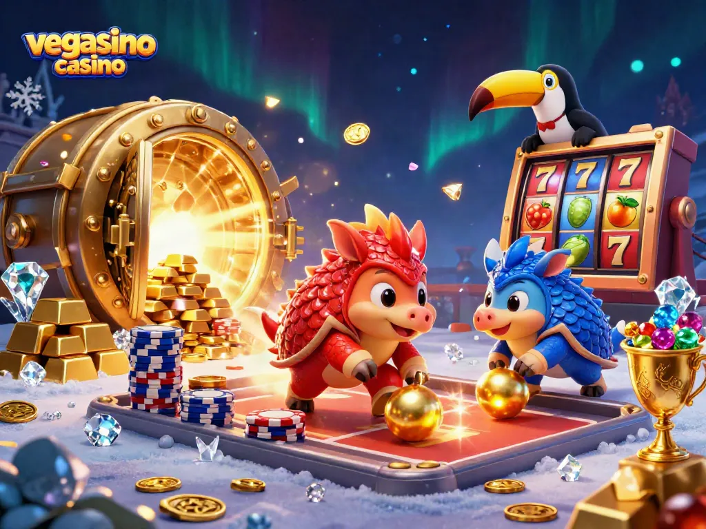 Engage with the vegasino casino gameplay showcasing rival pangolins enjoying slot action amidst golden treasures.