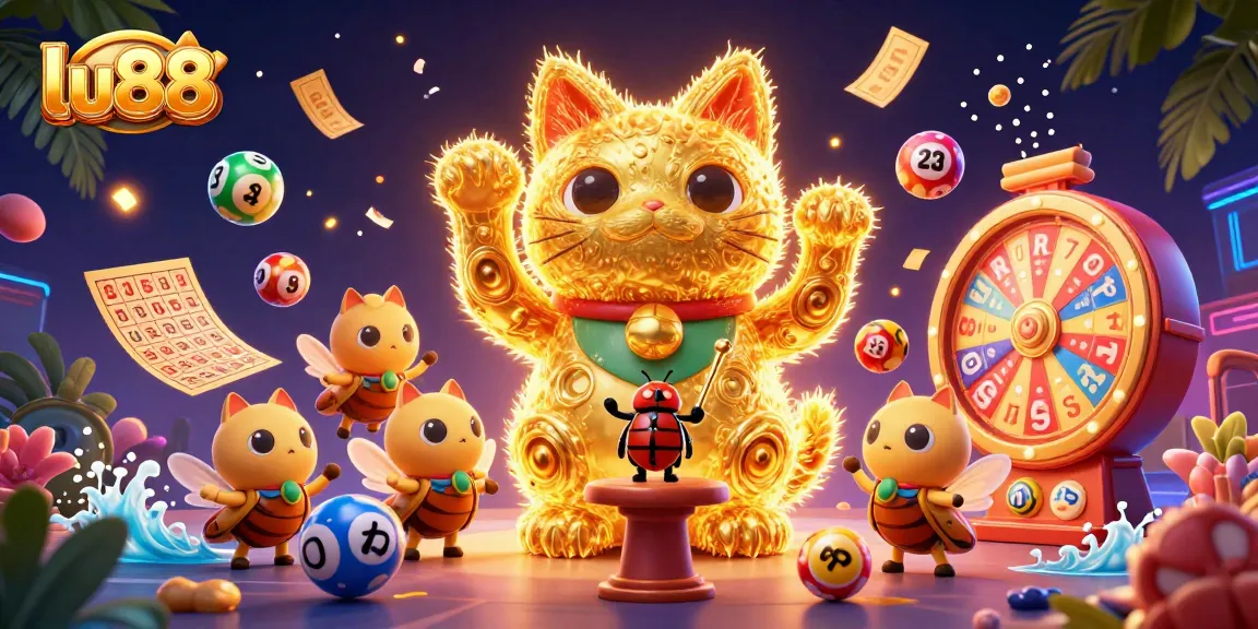 Play with excitement and luck at lu88 with vibrant colorful casino symbols and animated lucky cat.