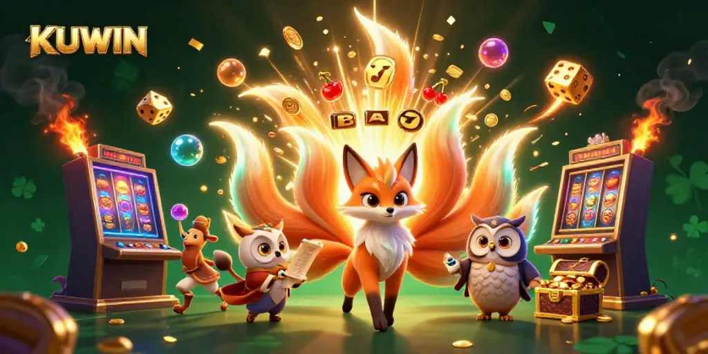 KUWIN showcases vibrant gaming fun with a nine-tailed fox spirit, wise owl, and thrilling casino action.