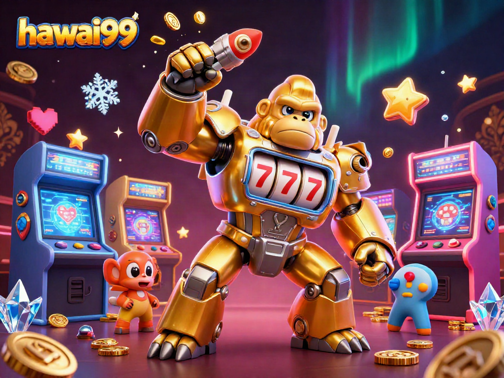 Discover hawai99's vibrant casino world with a golden gorilla mech and arcade elements!