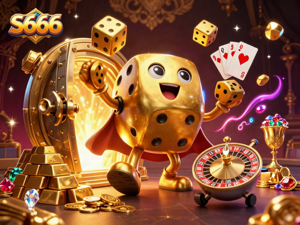 S666 celebrates gaming excitement with a dazzling illustration of a golden dice golem juggling dice amidst treasure.
