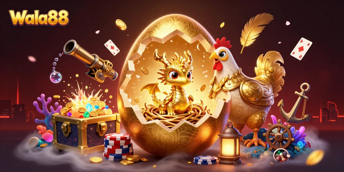 Engage in thrilling cockfighting action with Wala88's golden dragon and dynamic casino elements.