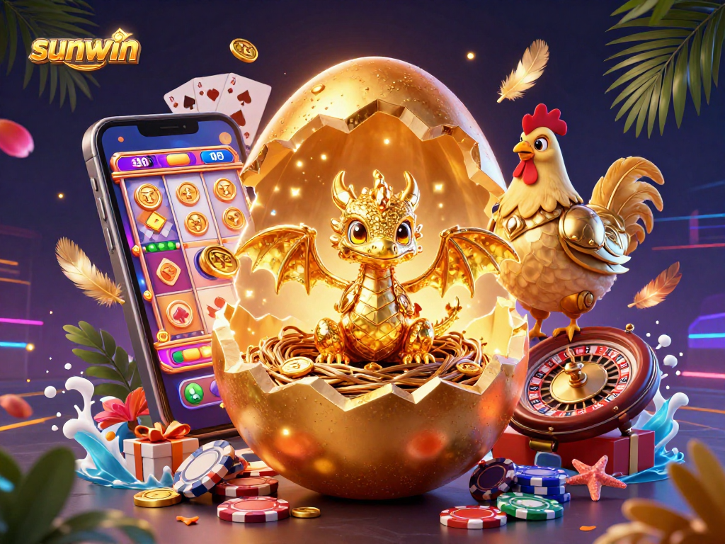 Engage with sunwin's dynamic gaming experience featuring a golden dragon, slot games, and vibrant casino elements.
