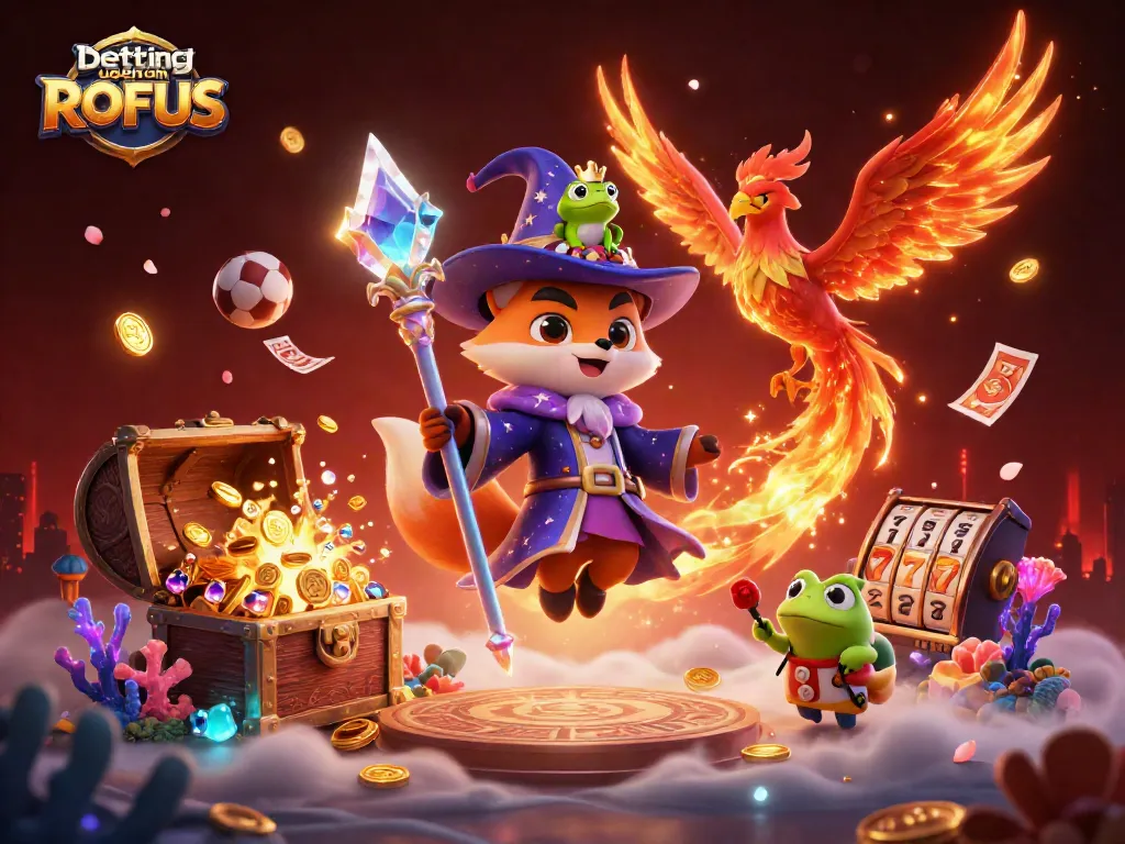 Engage with betting uden om ROFUS through this vibrant 3D scene of a wizard fox next to a phoenix and treasure.
