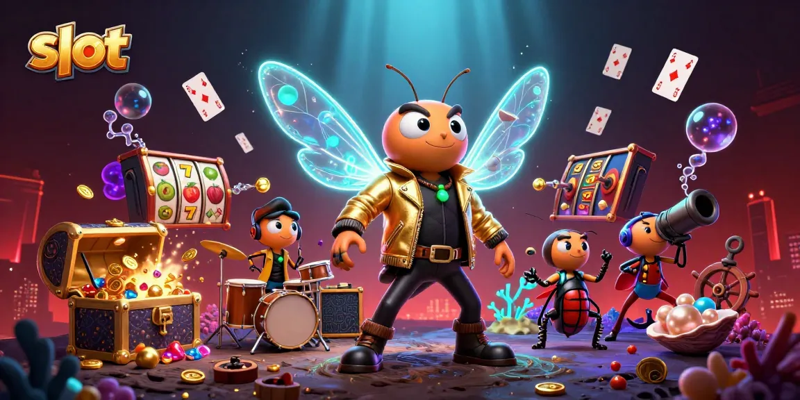Menggulingkan slot dengan jackpot, cicada rock star mengukir kesenangan bermain, dikelilingi oleh simbol keberuntungan dan peti harta karun