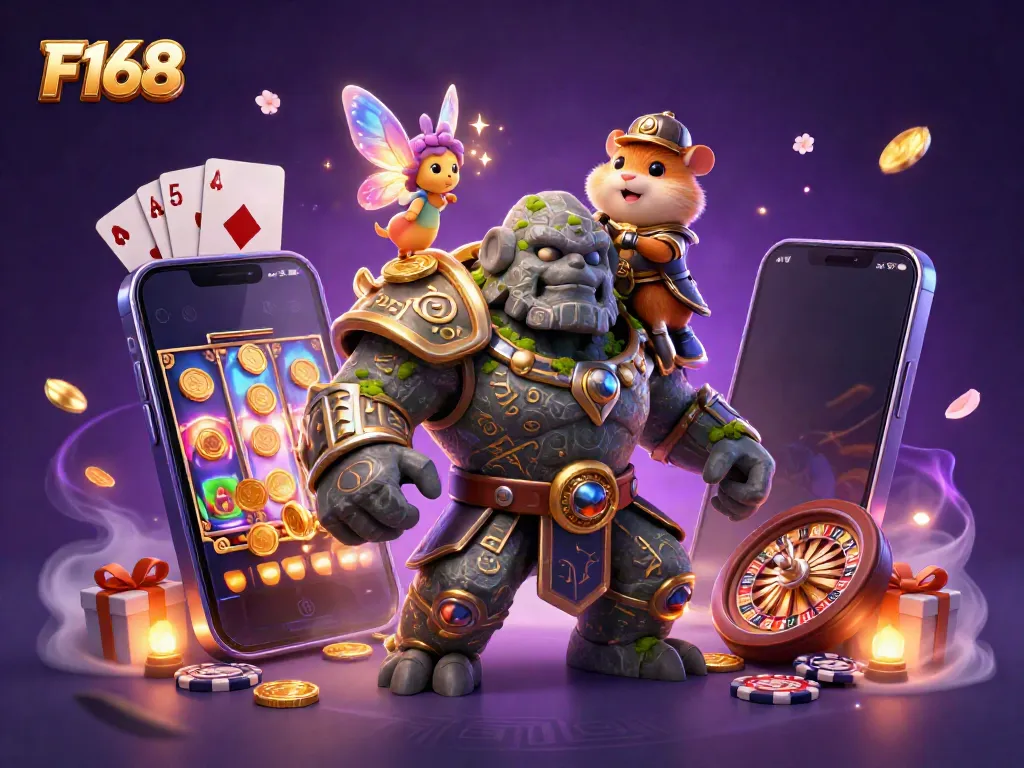 Engage with F168's magical casino adventure featuring a golem, fairy, and hamster knight.