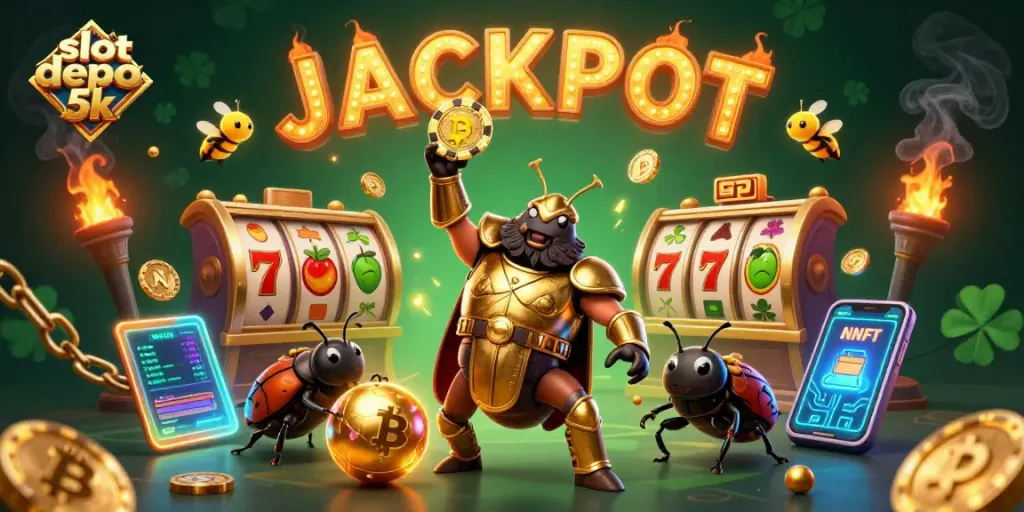 Experience thrilling wins with slot depo 5k in this vibrant casino-themed illustration.