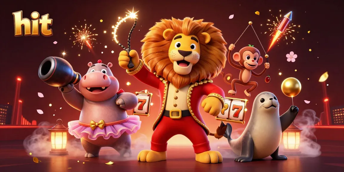 Experience the thrill as the lion cracks a whip of light surrounded by vibrant hit symbols and festive elements.