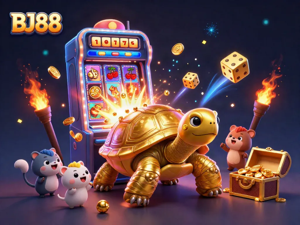 BJ88 attracts gamers with a pinball tortoise amid a jackpot explosion and vibrant casino action.