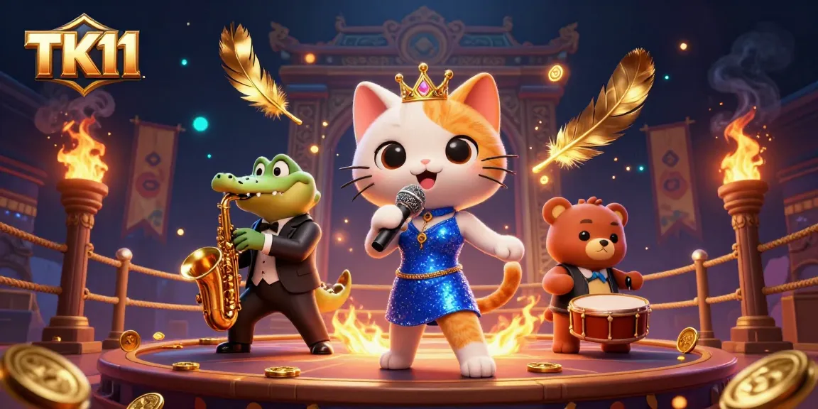 Join the fun at TK11 with jazz-singer cat on stage amidst a vibrant casino scene.