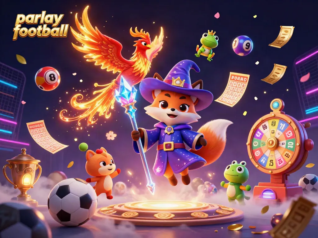 Engage with parlay football strategies through a vibrant 3D scene filled with sports betting excitement.