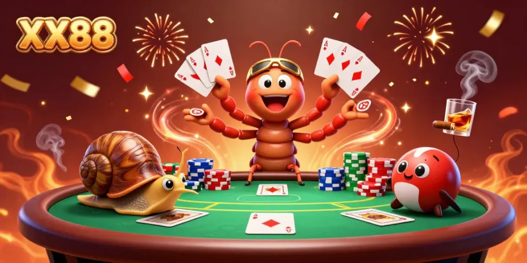 Experience the excitement of XX88 casino with a lively dealer in a colorful poker scene.