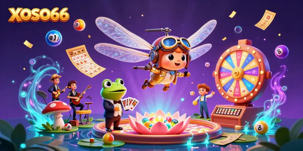 Engage with XOSO66's vibrant casino scene filled with colorful games and animated characters.