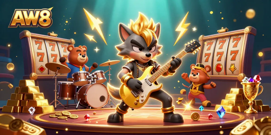 AW8 slots themed illustration features a wolf rock star and drummer bear amid gold treasures.