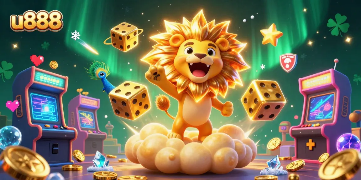 Win big with u888 as the cartoon sun lion roars in a vibrant 3D casino world.