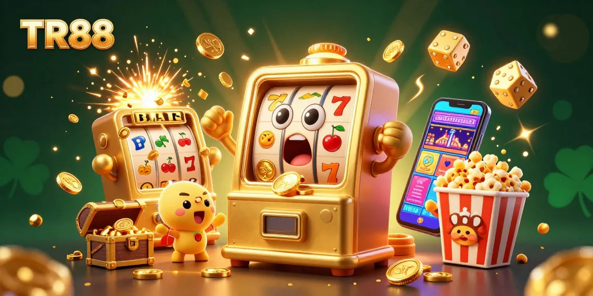Experience the excitement of TR88 as a golden slot machine hits a jackpot, celebrated by cheering mini slot machines.